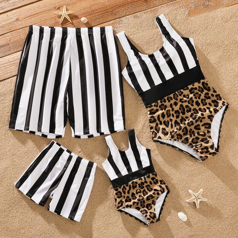 Family Matching Striped Splicing Leopard One-Piece Swimsuit and Swim Trunks Shorts