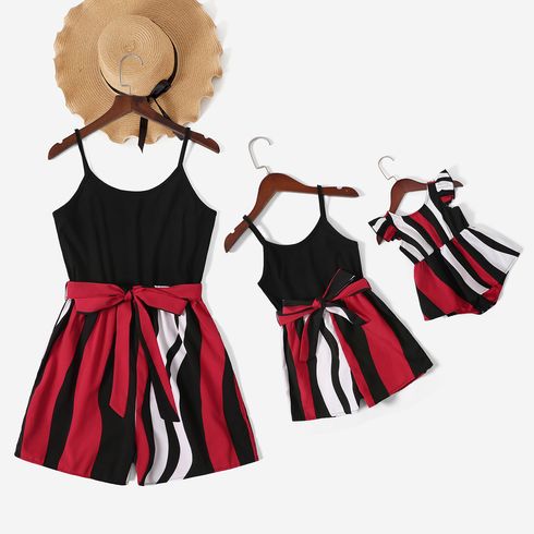 Black Ribbed Spaghetti Strap Splicing Striped Belted Romper for Mom and Me