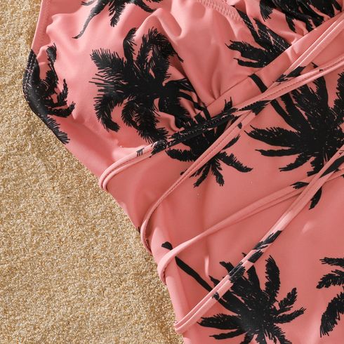Family Matching All Over Coconut Tree Print Pink Swim Trunks Shorts and Spaghetti Strap One-Piece Swimsuit Mauve Pink big image 5