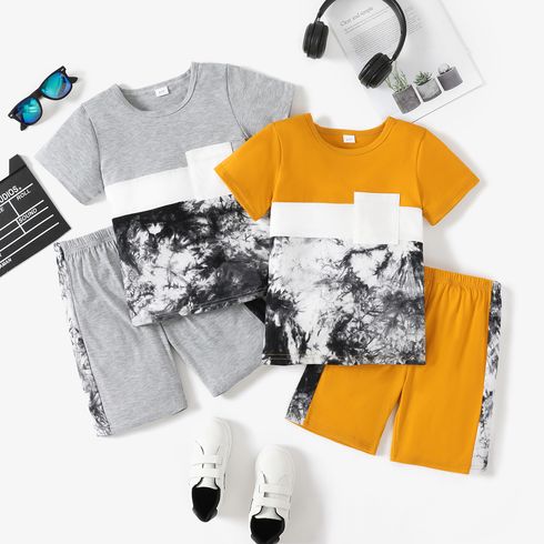 2pcs Kid Boy Colorblock Tie Dyed Pocket Design Short-sleeve Tee and Shorts Set