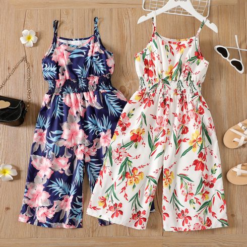 Kid Girl Floral Print Smocked Waist Leg Cami Ankle Length Jumpsuits