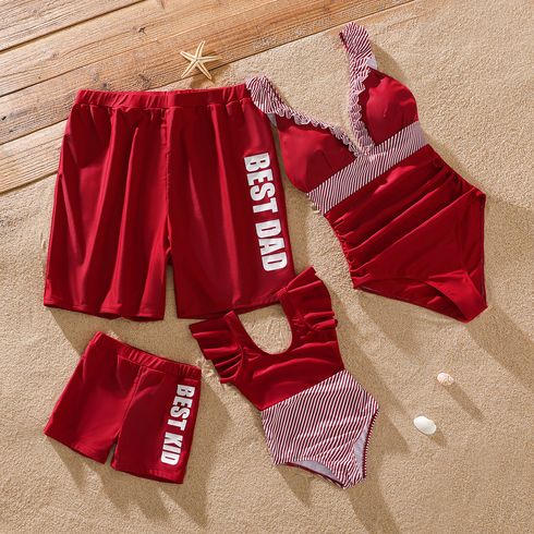 Family Matching Red Striped Splicing Ruffle One-Piece Swimsuit and Letter Print Swim Trunks Shorts Sets