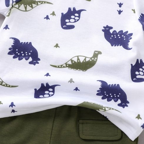 2pcs Baby Boy All Over Dinosaur Print Short-sleeve Tee and Solid Shorts Set Army green big image 4