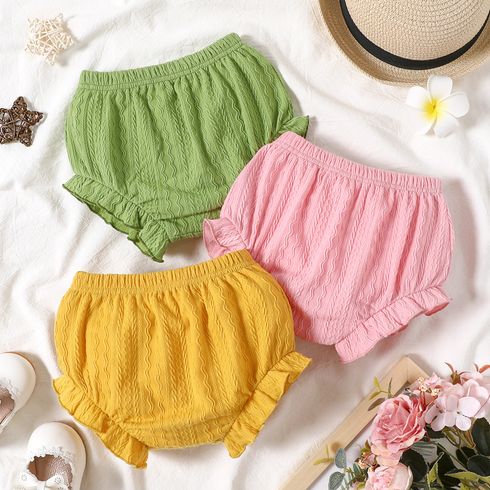 Baby Girl Solid Textured Elasticized Waist Ruffle Shorts
