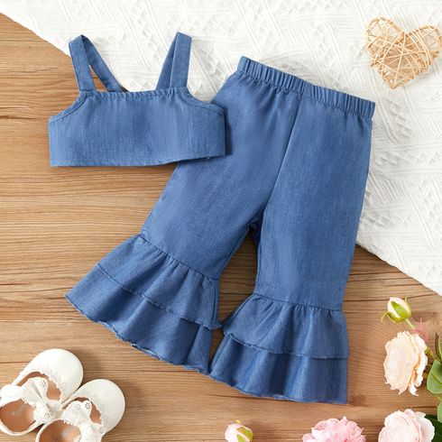 2pcs Baby Girl Imitation Denim Shirred Camisole Crop Top and Layered Ruffle Bell Bottom Pants Set