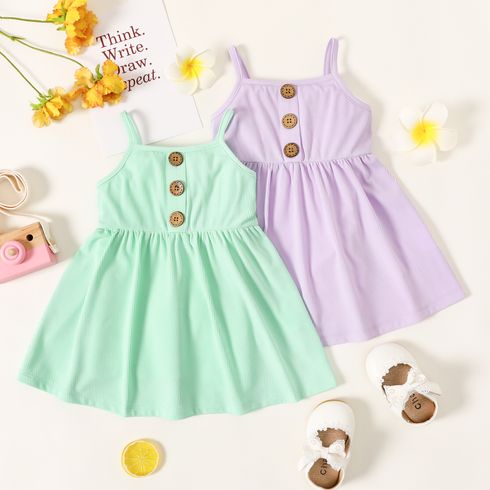 Baby Girl Button Design Solid Sleeveless Spaghetti Strap Dress
