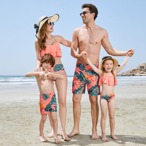 Family Matching Tropical Plant Print Pink Swim Trunks Shorts and Layered Ruffle Two-Piece Swimsuit