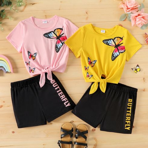 2pcs Kid Girl Butterfly Print Tie Knot Short-sleeve Tee and Letter Print Shorts Set
