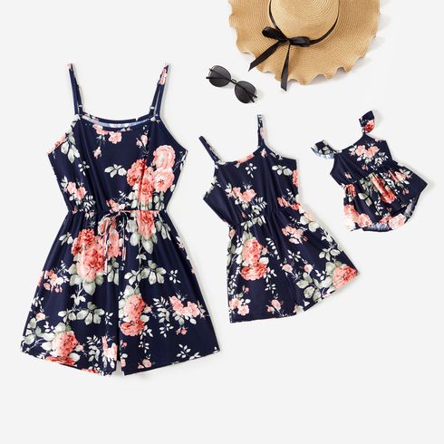 All Over Floral Print Blue Spaghetti Strap Romper Shorts for Mom and Me