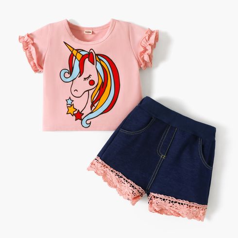 Sleepy Eyes Toddler Girl 2pcs Unicorn Print Ruffle Decor Short-sleeve Pink T-shirt Top and Denim Lace Splice Dark Blue Shorts Set