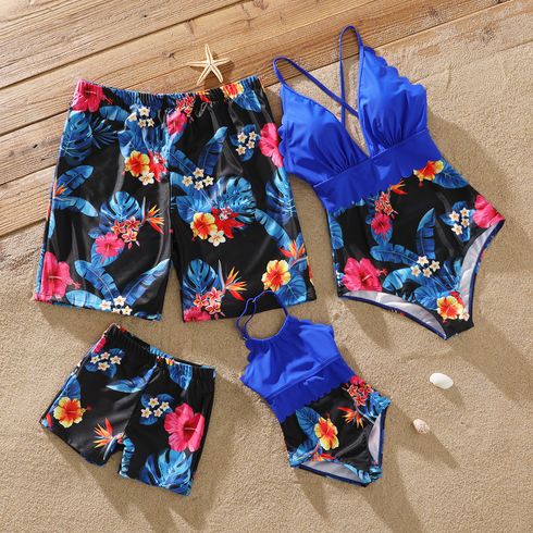 Family Matching Blue Floral Print Splicing V Neck Spaghetti Strap One-Piece Swimsuit and Swim Trunks Shorts