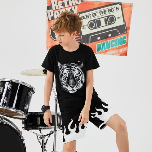 2pcs Kid Boy Animal Tiger Print Short-sleeve Tee and Colorblock Shorts Set