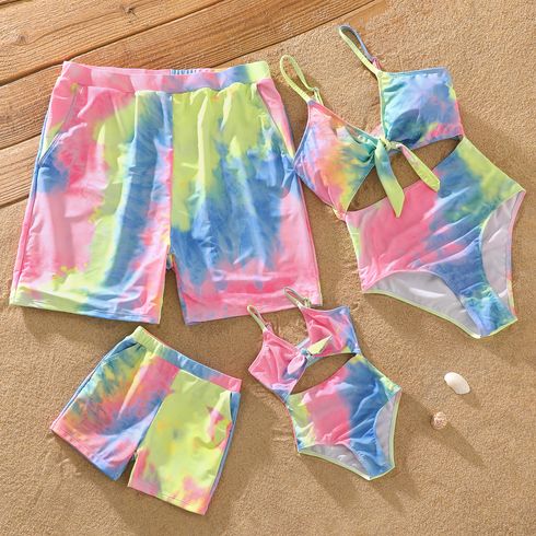 Family Matching Tie Dye V Neck Self-tie Hollow Out Spaghetti Strap One-Piece Swimsuit and Swim Trunks Shorts