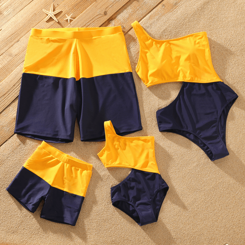 Family Matching Colorblock Swim Trunks Shorts and One Shoulder Hollow Out One-Piece Swimsuit