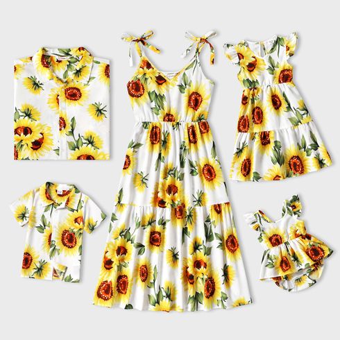 Family Matching All Over Yellow Sunflowers Floral Print Spaghetti Strap Dresses and Short-sleeve Shirts Sets