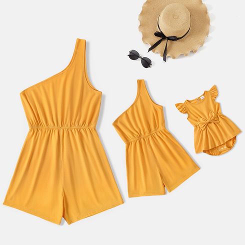 Yellow One Shoulder Sleeveless Romper for Mom and Me