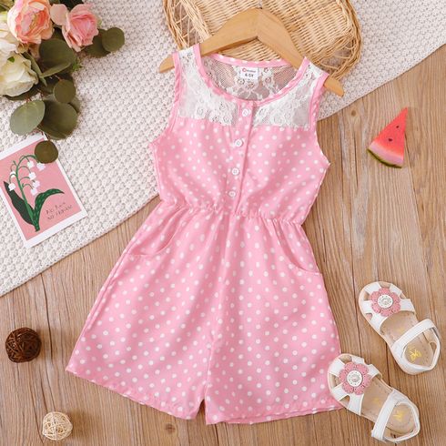 Kid Girl Polka dots Button Lace Design Sleeveless Pink Rompers
