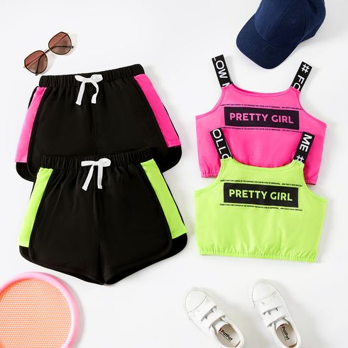 2pcs Kid Girl Letter Print Camisole and Colorblock Shorts Sporty Set