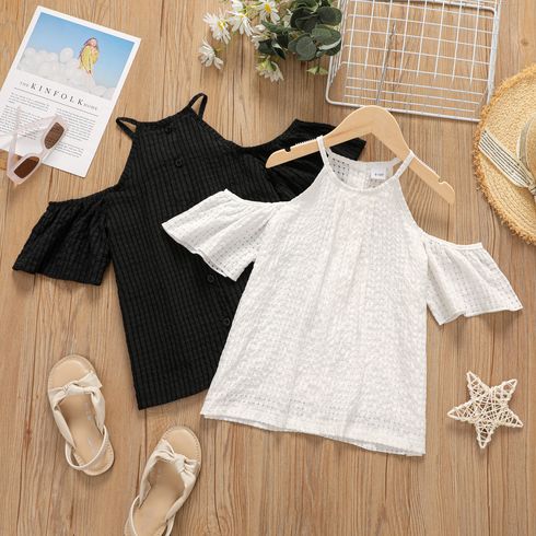 Kid Girl Solid Color Cold Shoulder Short-sleeve Halter Blouse