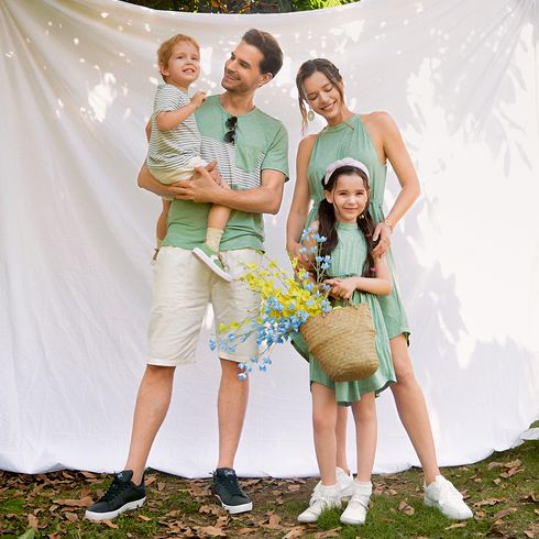 Family Matching Green Halter Neck Sleeveless Drawstring Dresses and Striped Splicing Short-sleeve T-shirts Sets Green big image 12