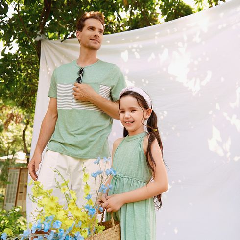 Family Matching Green Halter Neck Sleeveless Drawstring Dresses and Striped Splicing Short-sleeve T-shirts Sets Green big image 13