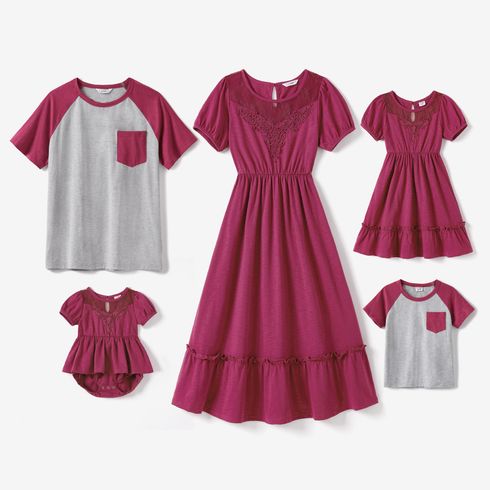 Family Matching Solid Puff-sleeve Lace Design Ruffle Hem Dresses and Raglan-sleeve T-shirts Sets