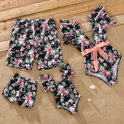 Family Matching Allover Floral Print Swim Trunks Shorts and Ruffle-sleeve Belted One-Piece Swimsuit