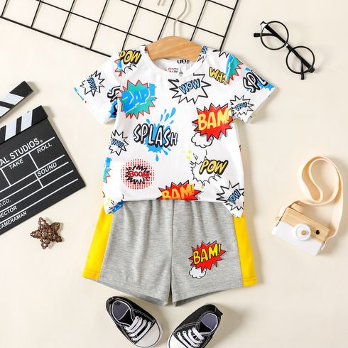 2pcs Baby Boy All Over Letter Print Short-sleeve T-shirt and Colorblock Shorts Set