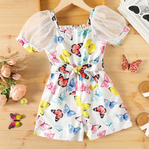 Kid Girl Butterfly Print Mesh Splice Short-sleeve Rompers