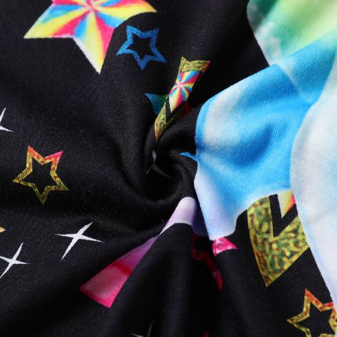 Kid Girl Unicorn Stars Print Cold Shoulder Short-sleeve Dress Black big image 5
