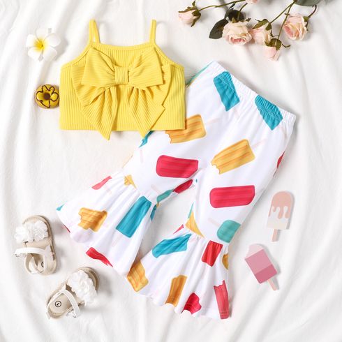 2pcs Baby Girl Solid Ribbed Bow Front Cami Top and All Over Popsicle Print Flared Pants Set