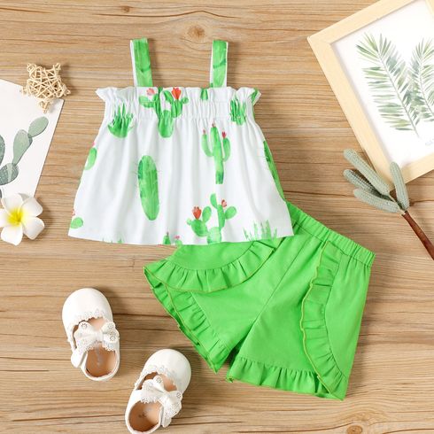2pcs Baby Girl 100% Cotton Ruffle Trim Shorts and Allover Cactus Print Cami Top Set