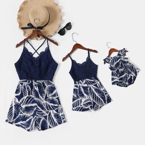 Dark Blue Spaghetti Strap Lace Splicing All Over Palm Leaf Print Romper for Mom and Me
