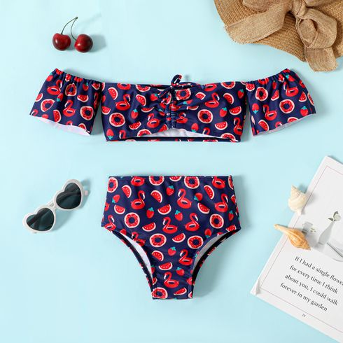 2pcs Toddler Girl Fruit Print Off Shoulder Tee and Briefs Swimsuit Set