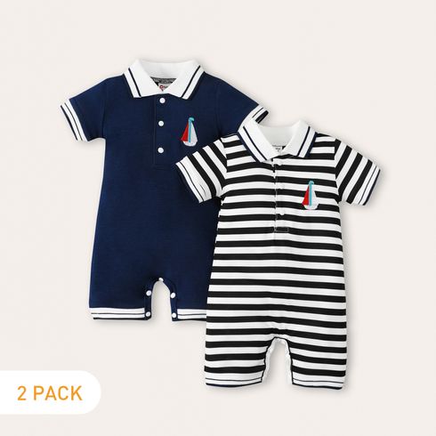 2pcs Baby Boy 95% Cotton Short-sleeve Embroidered Contrast Collar Snap Rompers Set