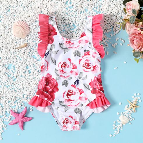 Baby Girl Floral Print Ruffle Trim One-Piece Swimsuit