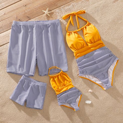 Family Matching Pinstriped Colorblock Self-tie Halter Neck One-Piece Swimsuit and Swim Trunks Shorts
