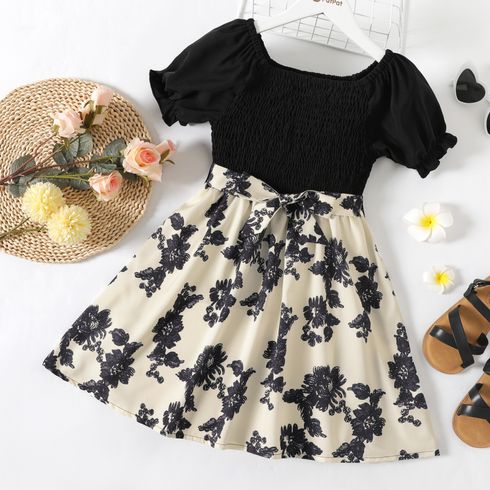 Kid Girl Floral Print Splice Smocked Belted Short-sleeve Dress