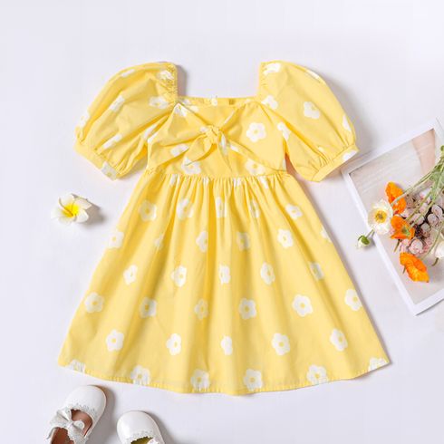 Ray Of Sunshine Toddler Girl Floral Allover Bow Decor Puff Short-sleeve Yellow Dress