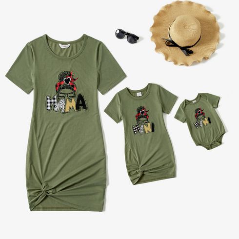Mommy and Me Characters Letter Print Army Green Short-sleeve Twist Knot T-shirt Dress for Mom and Me