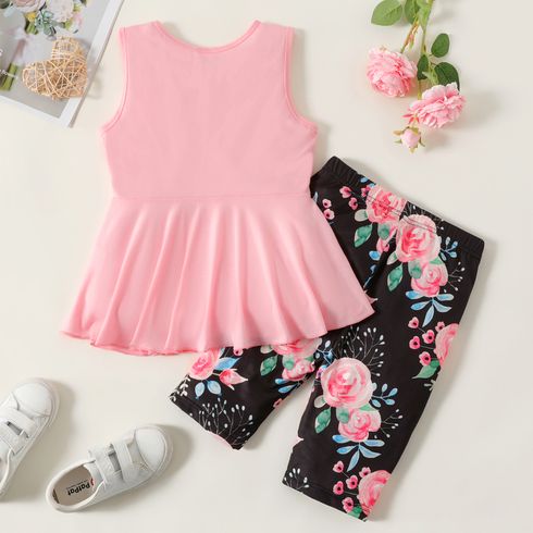 2pcs Kid Girl Bowknot Design Sleeveless Tee and Floral Print Leggings Shorts Set Pink big image 6