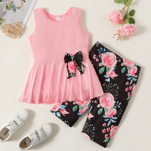 2pcs Kid Girl Bowknot Design Sleeveless Tee and Floral Print Leggings Shorts Set Pink big image 1