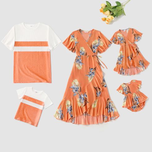 Family Matching Allover Floral Print Coral V Neck Ruffle-sleeve Wrap Dresses and Colorblock Short-sleeve Cotton T-shirts Sets