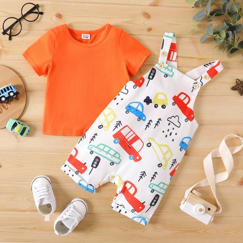 2pcs Baby Boy Solid Short-sleeve Tee and All Over Cartoon Vehicle Print Overalls Set