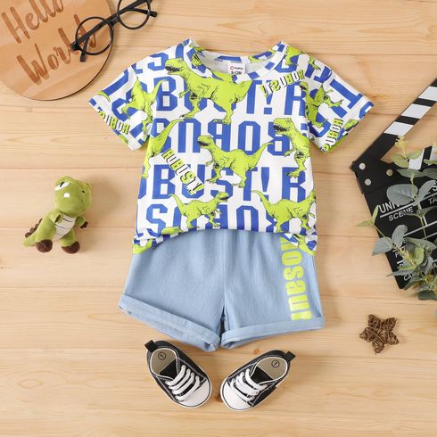 2pcs Baby Boy All Over Dinosaur and Letter Print Short-sleeve Tee and Shorts Set