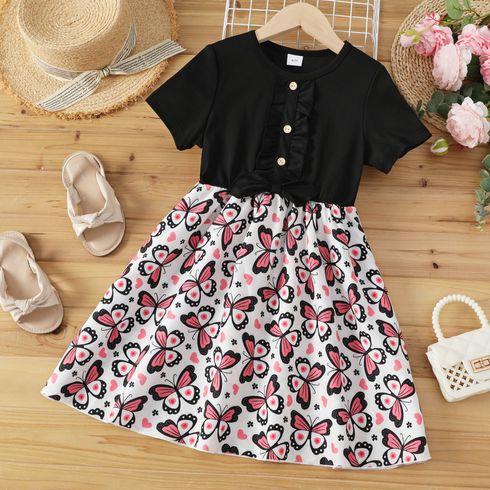 Kid Girl Butterfly Print Splice Bowknot Ruffled Design Short-sleeve Dress
