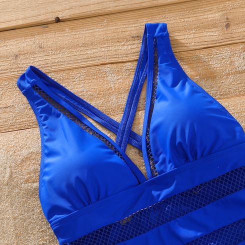 Family Matching Solid Fishnet Spliced One-Piece Swimsuit and Letter Print Swim Trunks Shorts PrussianBlue big image 4