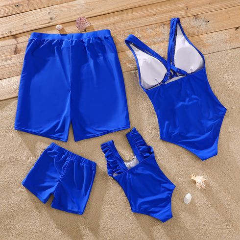 Family Matching Solid Fishnet Spliced One-Piece Swimsuit and Letter Print Swim Trunks Shorts PrussianBlue big image 2