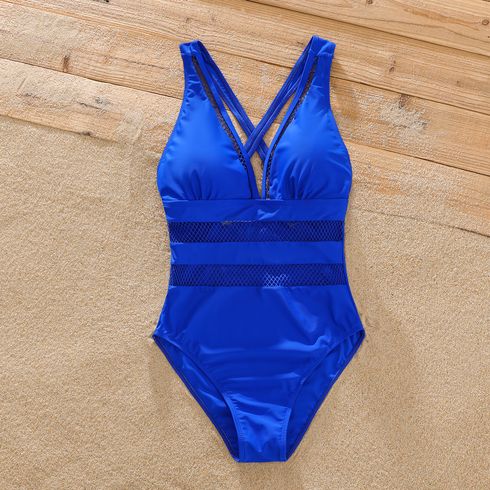 Family Matching Solid Fishnet Spliced One-Piece Swimsuit and Letter Print Swim Trunks Shorts PrussianBlue big image 3