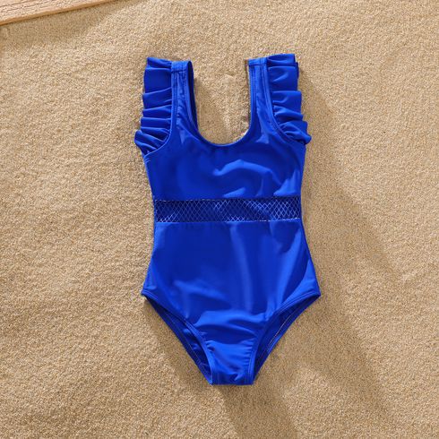 Family Matching Solid Fishnet Spliced One-Piece Swimsuit and Letter Print Swim Trunks Shorts PrussianBlue big image 7